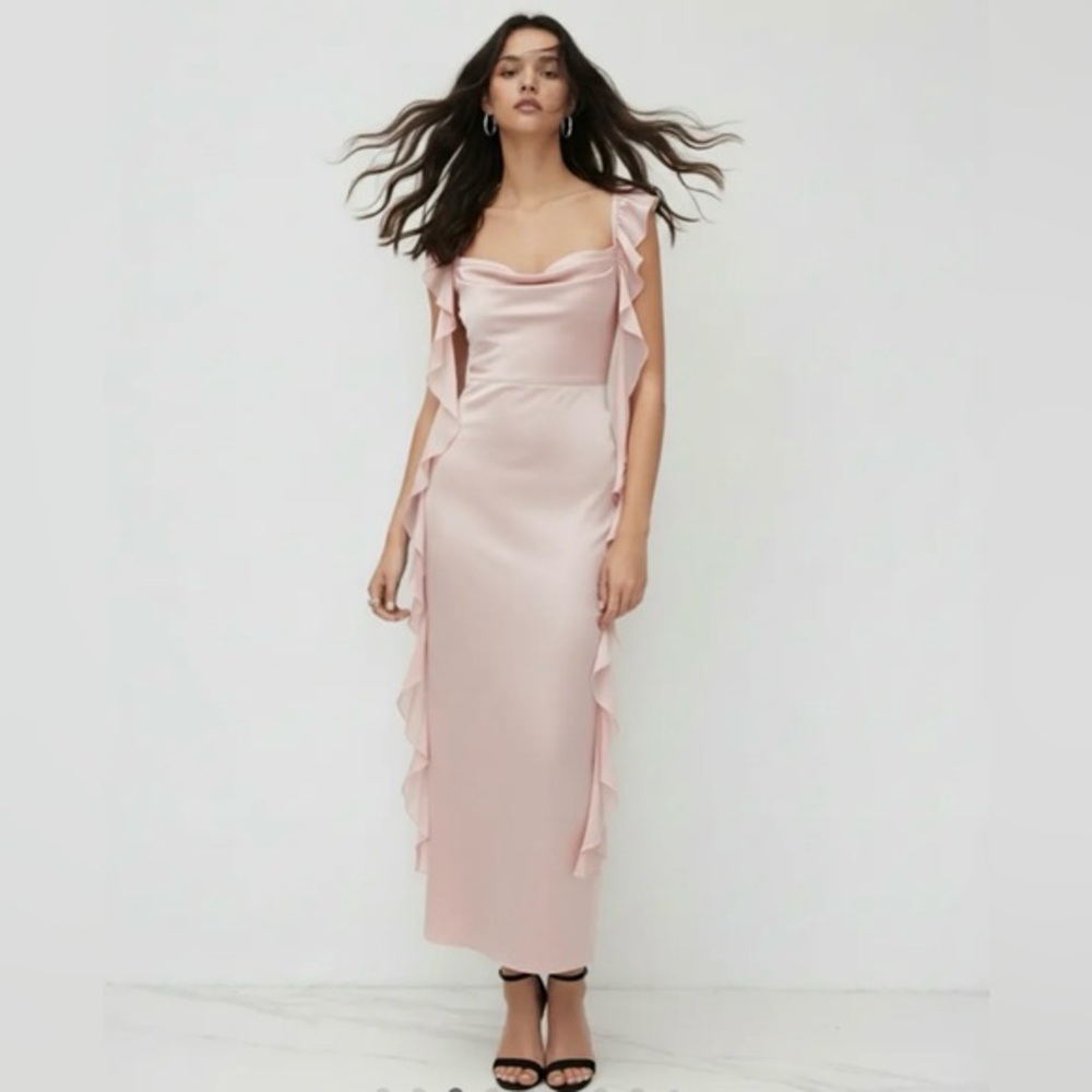 Cider SATIN COWL NECK SOLID RUFFLE HEM MAXI DRESS L CR27-22